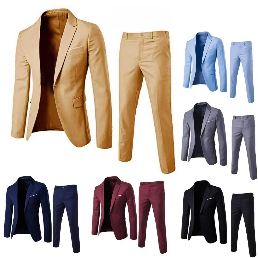 Mens suit 1 Set Trendy Men Suit Anti Deformation Formal Suit Turndown Collar Pure Color One Button Set Daily Wear