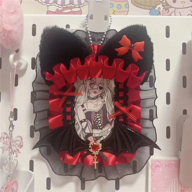 Diablo Black Card Holder Photocard Holders Girls Blood Red Devil Wings Lace Anime Kpop Handmade Poker Cover Postcard Badge Case photocard holder