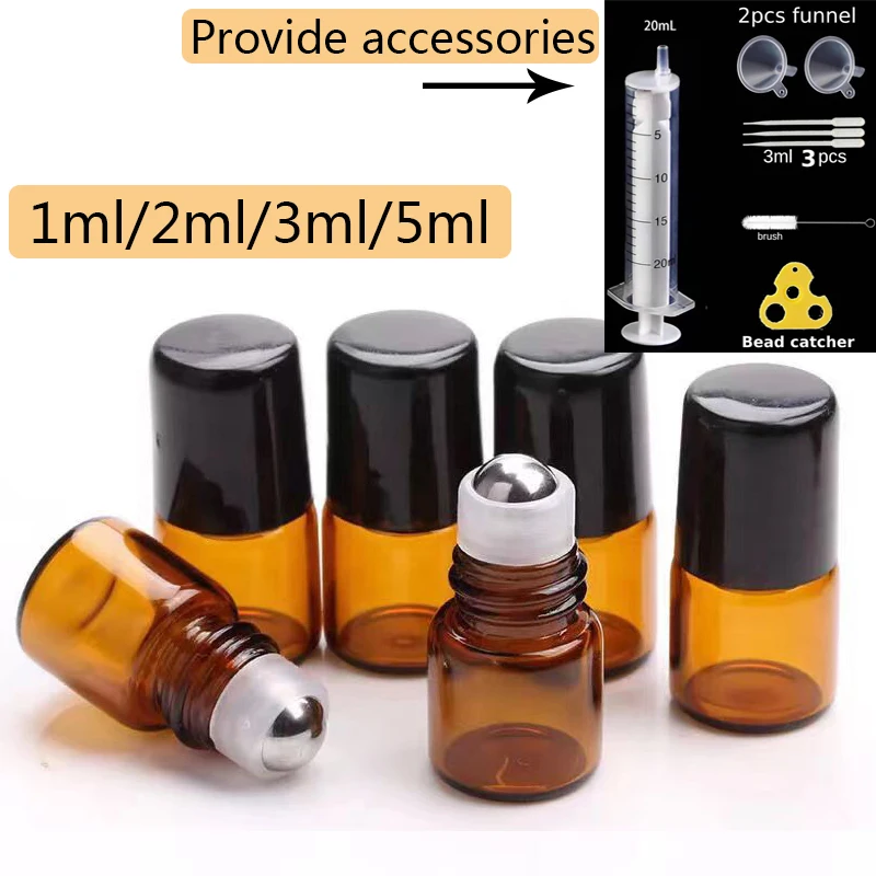 에센셜 오일에 대 한 병에 50pcs 1ml 2ml 3ml 5ml 유리 롤 앰버 리필 유리 롤러 금속 오일 약병 미니 병