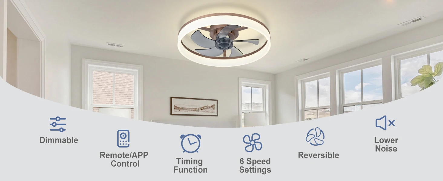 20" Modern Low Profile Flush Mount Fandelier - App & Remote Control, Dimmable Black Bladeless Ceiling Fan Light for Bedroom