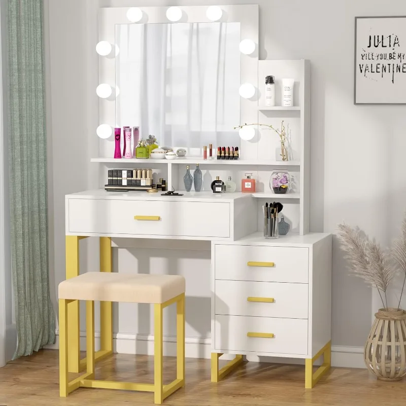 

Vanity Set with Lighted Mirror, Makeup Vanity Dressing Table with LED Light, Drawers, Storage Shelves and Cushioned Stool