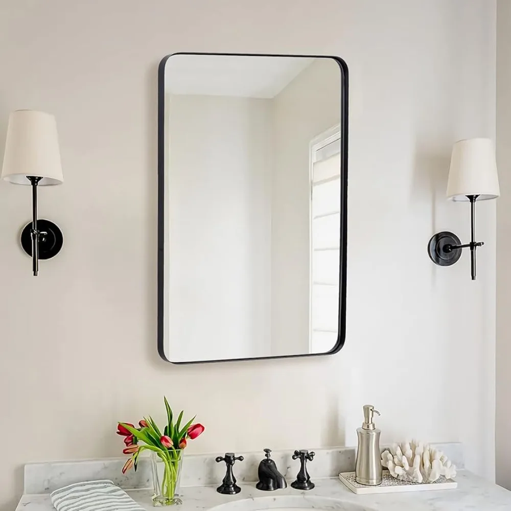 

Wall Mirror for Bathroom, Mirror for Wall with Black Metal Frame 22" X 30", Rounded Corner Hangs Horizontal Or Vertical