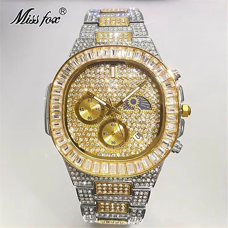 Hot Fashion Mens Watch Brands Missfox Luxury Full Diamond Phase Moon Orologio Da Polso Al Quarzo Hip Hop Iced Out Orologi Uomo Dropshipping