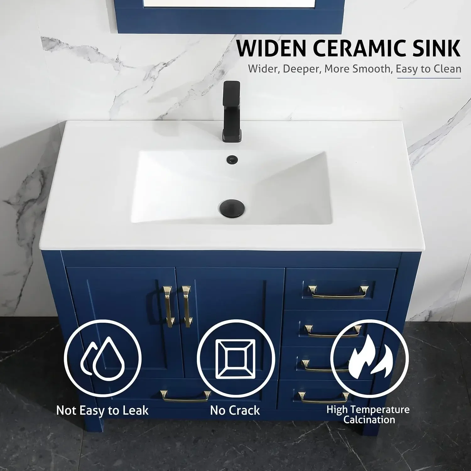 36" Bathroom Vanities Cabinet with Sink Combo Set Undermount Ceramic Sink w/Thickened Wood Matte Black Faucet Navy Blue 5