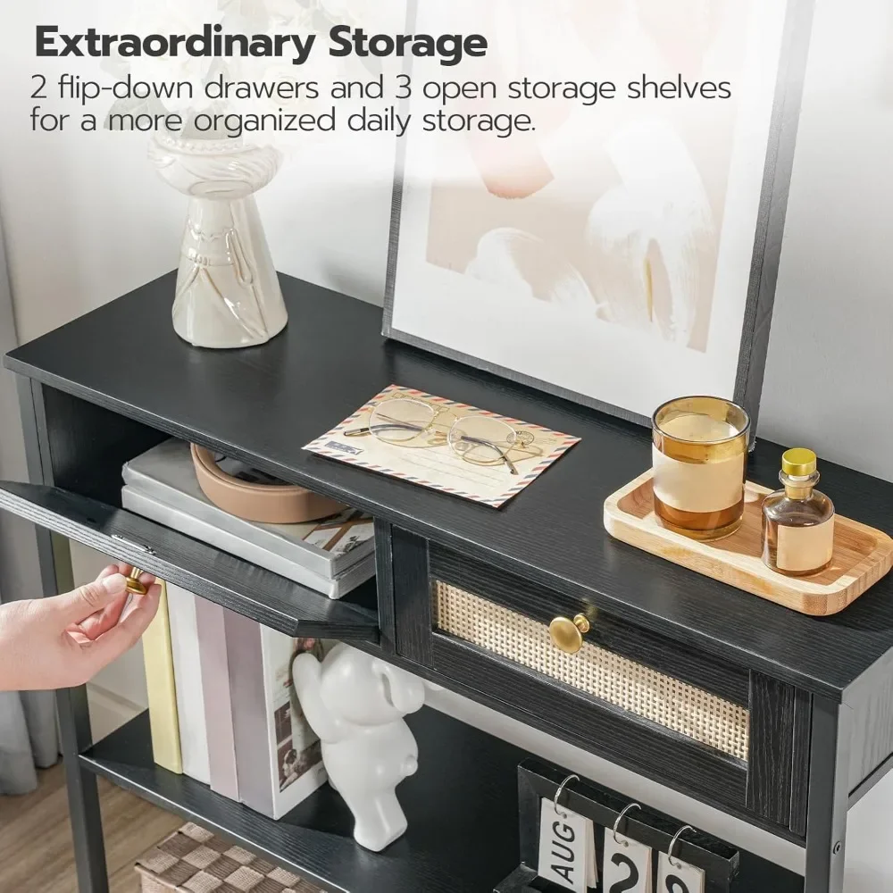 Rattan-Like Narrow Console Table with 2 Drawers, 31.5-Inch Sofa Table with Storage, for Hallway and Foyer 6