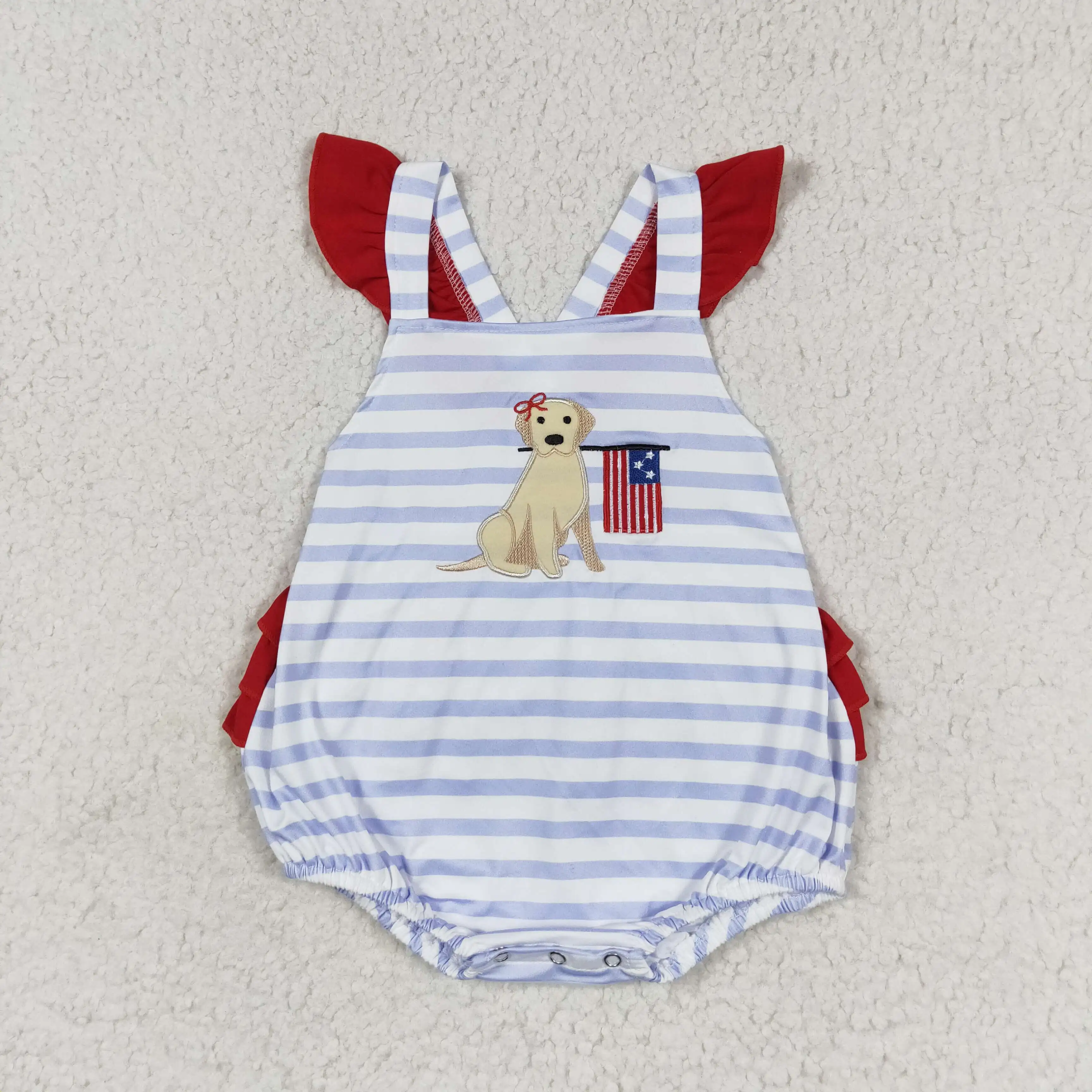 Wholesale Baby Girl Embroidery July 4th Bubble Romper Newborn Toddler Sleeveless Flag White Cotton Kids Children Overall Clothes 6