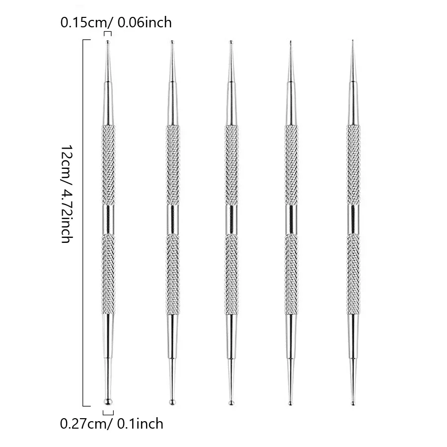 Nail Art Dotting Pen 5Pcs Dual End Stainless Steel Design Painting Picking Dot Rhinestones Crystal Gems Acrylic Manicure Tools