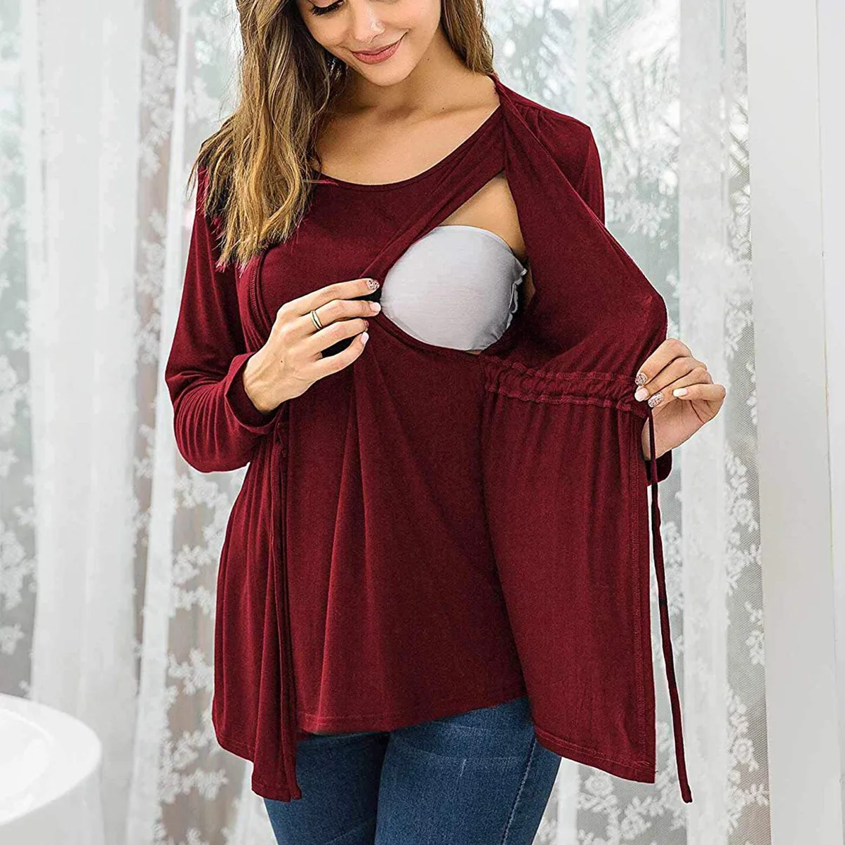 Maternity Tops Autumn and Winter Long Sleeve Round Neck Fake Two Piece Lace Up Anti Light Breastfeeding Pregnant Women's Top T-shirtＭaternity p