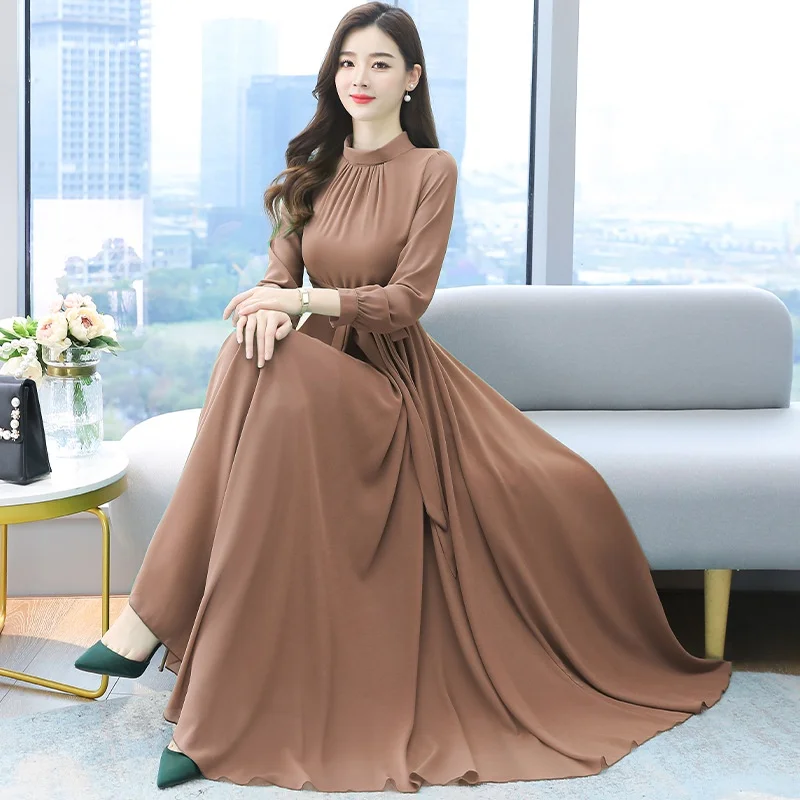 

Spring and Autumn New Chiffon Women's Dress Long Sleeve Solid Color Large Size Long Dress