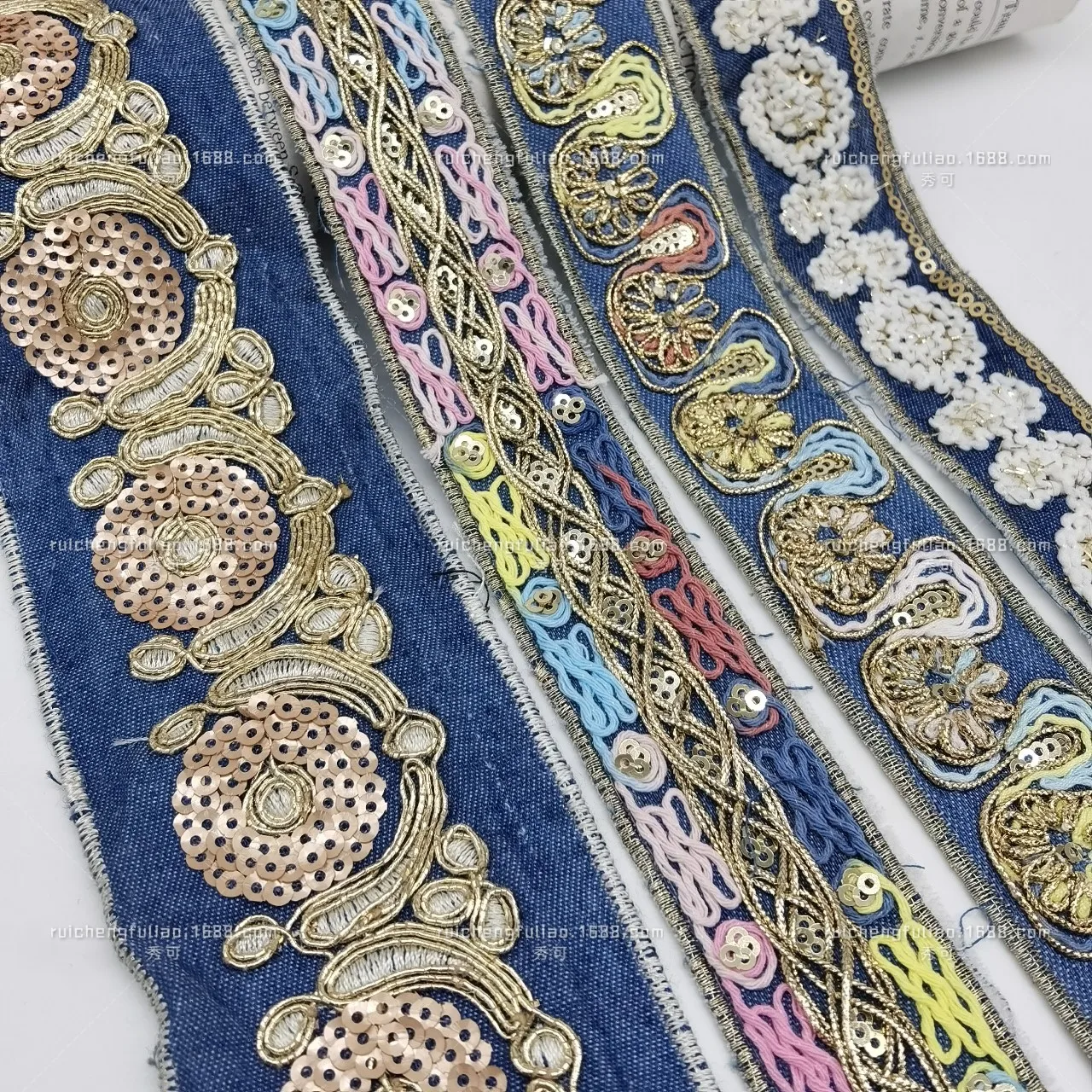 

2023 New denim blue color strand ribbon ethnic style embroidery sequin lace 10 yards/roll lace clothing accessories