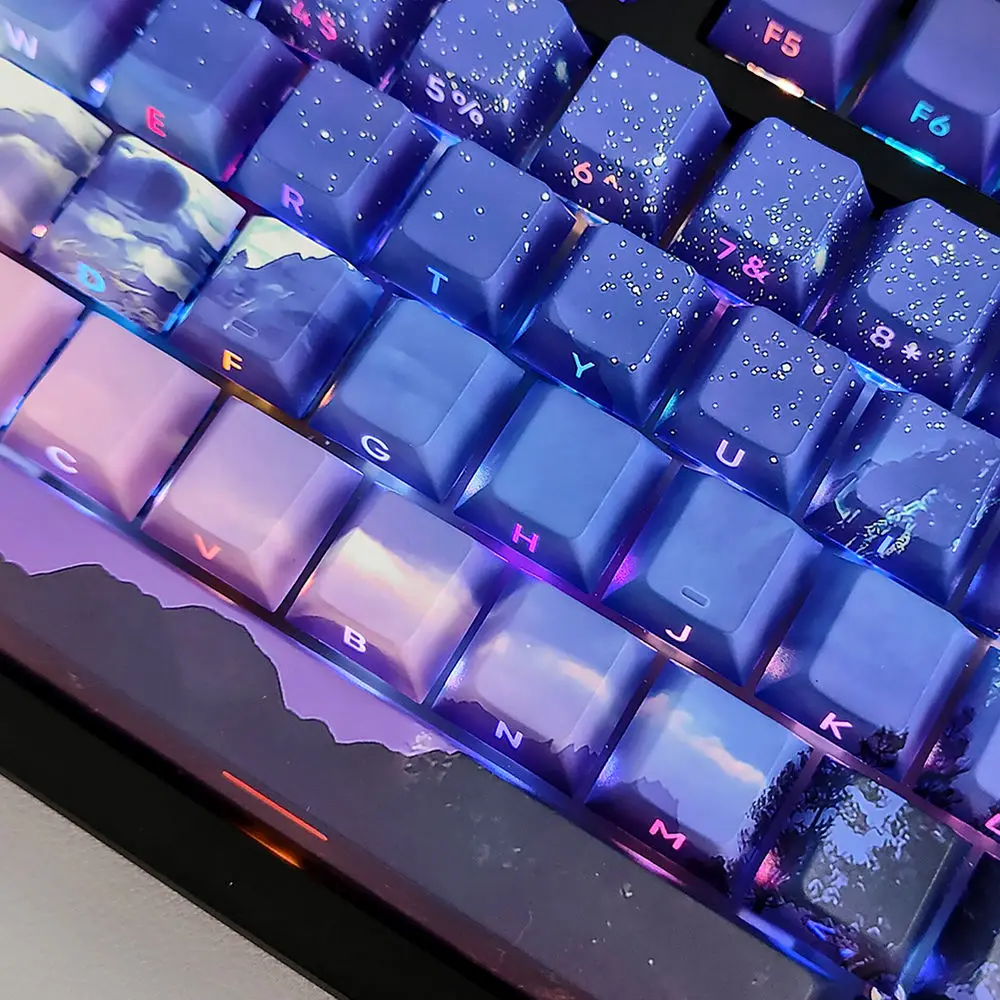 Lado Gravado Keycaps Translúcidos Adequado para 68 75 96 104 Cross Switch Teclado Mecânico Cereja Pbt Amanhecer Roxo Céu Estrelado 125 Chaves