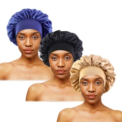 Satin Wide Brim Silky Bonnet Sleep Cap with Soft Elastic Band (Black gold navy)