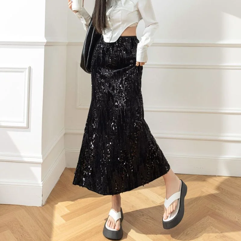 

Korea Fashion Clothes For Women Advanced Heavy Sequin Skirts Half Dress Spring A-Line Long Faldas Largas Para Mujer Moda 2023 XL