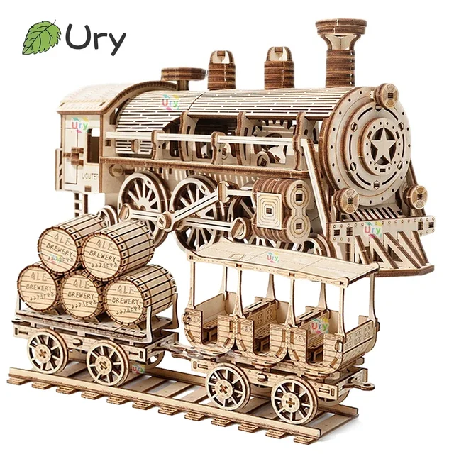 Ury 3D Wooden Puzzle Movable Retro Steam Train Double-decker Bus Handmade Assembly Truck Model DIY Toys Decoration Gift for Kids 1