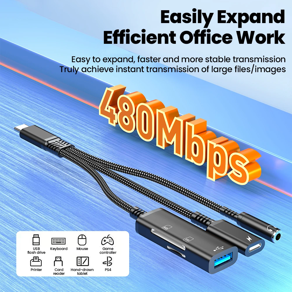 5-in-1 타입C 어댑터 고속 충전 USB C to 3.5MM/타입C/USB/SD/TF 카드 리더 아이폰 15 16 17 삼성 고속 전송