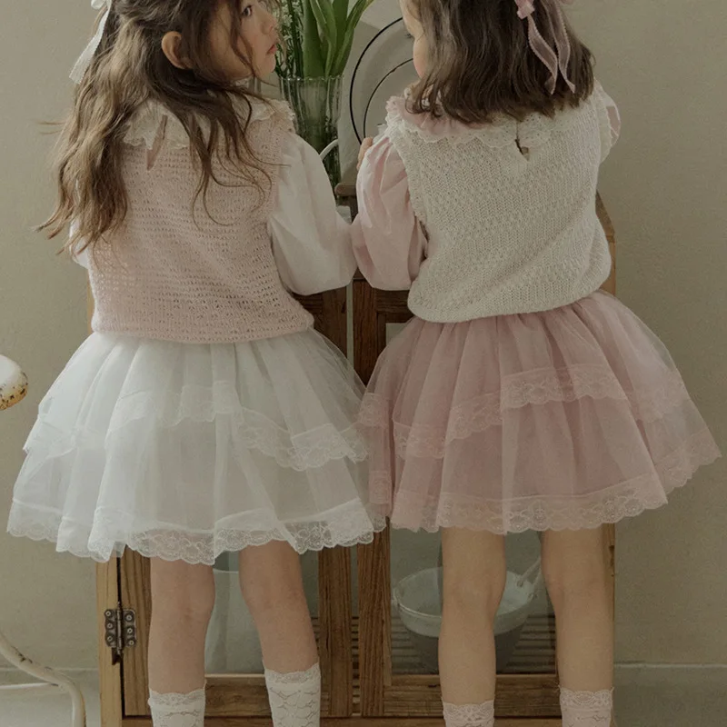 

Skirt Spring Korea Girls Children Clothing Soft Princess Style Mesh Yarn 2024 Elastic Waist Beautiful Simple Pleated