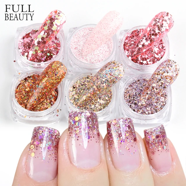 Mixed 6 Types Rose Gold Nail Glitter Set Holographic Mirror