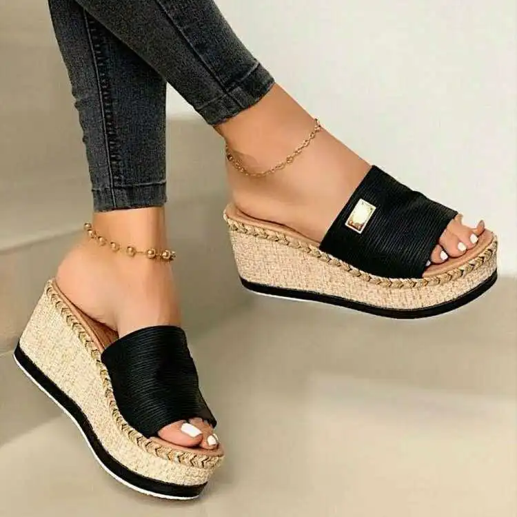 Summer Wedges Slippers Platform High Heels Women Slipper Ladies Outside Shoes Basic Clog Wedge Slipper Flip Flop Sandals 7 Sandálias de Salto Anabela Summer Vista Frontal