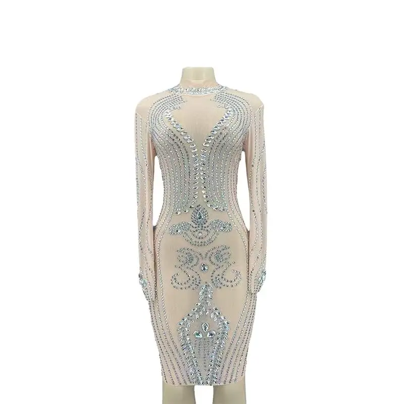 

Nude Shining Crystal Rhinestones Long Sleeves Sexy Dress For Women Party Club Clothing Stage Singer Costumes Evening Wears