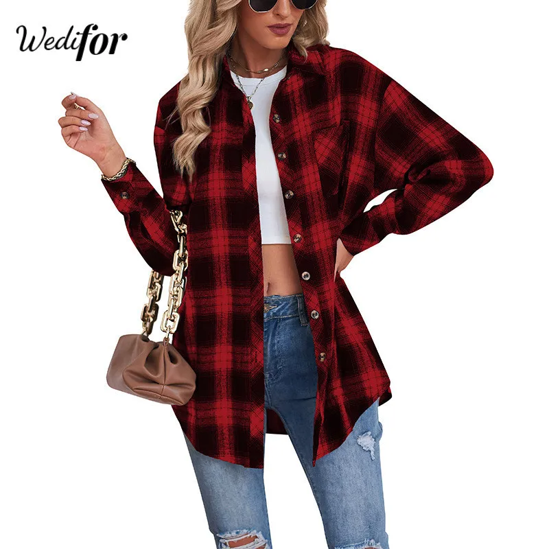 

Wedifor Single Breasted Button Up Women Blouse And Tops Fashion Pockets Casual Straight Plaid Shirts Oversized Clothing Vintage
