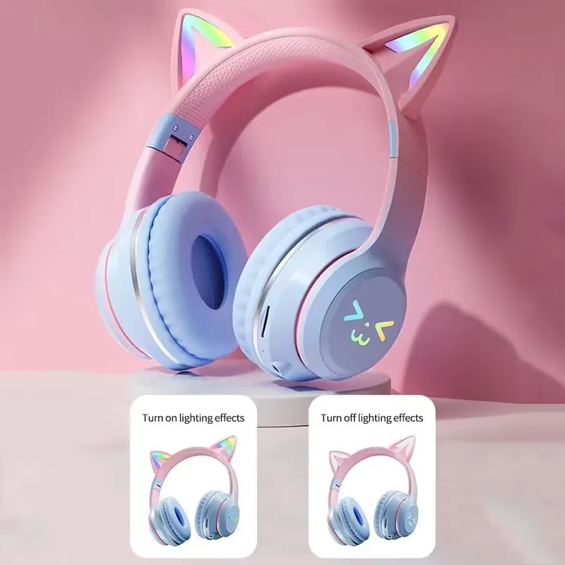 RGB Glow Earphones Wireless Earbuds 5.3 Cat Ear Bluetooth Sports Headphones...
