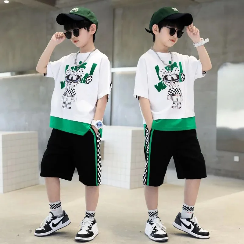

Boys Summer Short Sleeve Clothing Set 2023 New Fahison O-neck Cartoon Print & Pants 2 Piece Suit Teenager Clothes Outfits