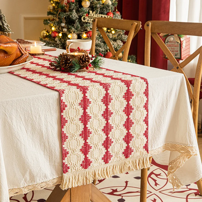 

Table Runner for Home Christmas 118Inches knit Red&green Macrame with Tassels for Boho Dining Bedroom Decor Rustic Bridal Shower