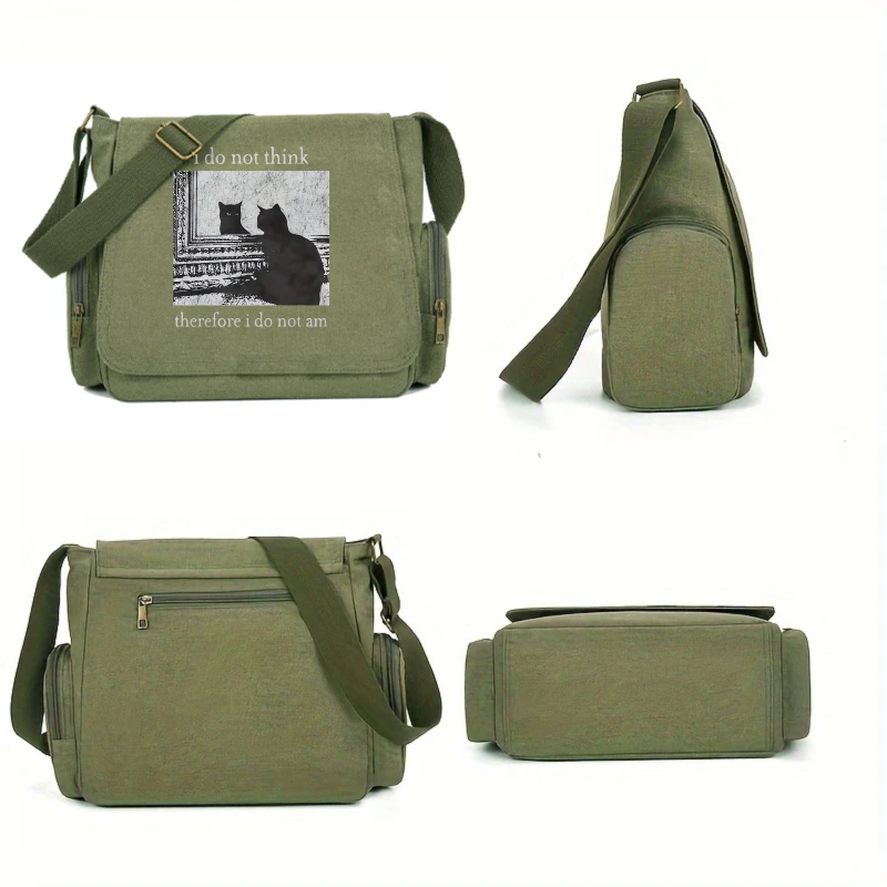 Vintage Canvas Bag Unisex Shoulder Bag Large Capacity  Army Green Cat Print Tote Crossbody Bag Commuting Bag For Women Shopping