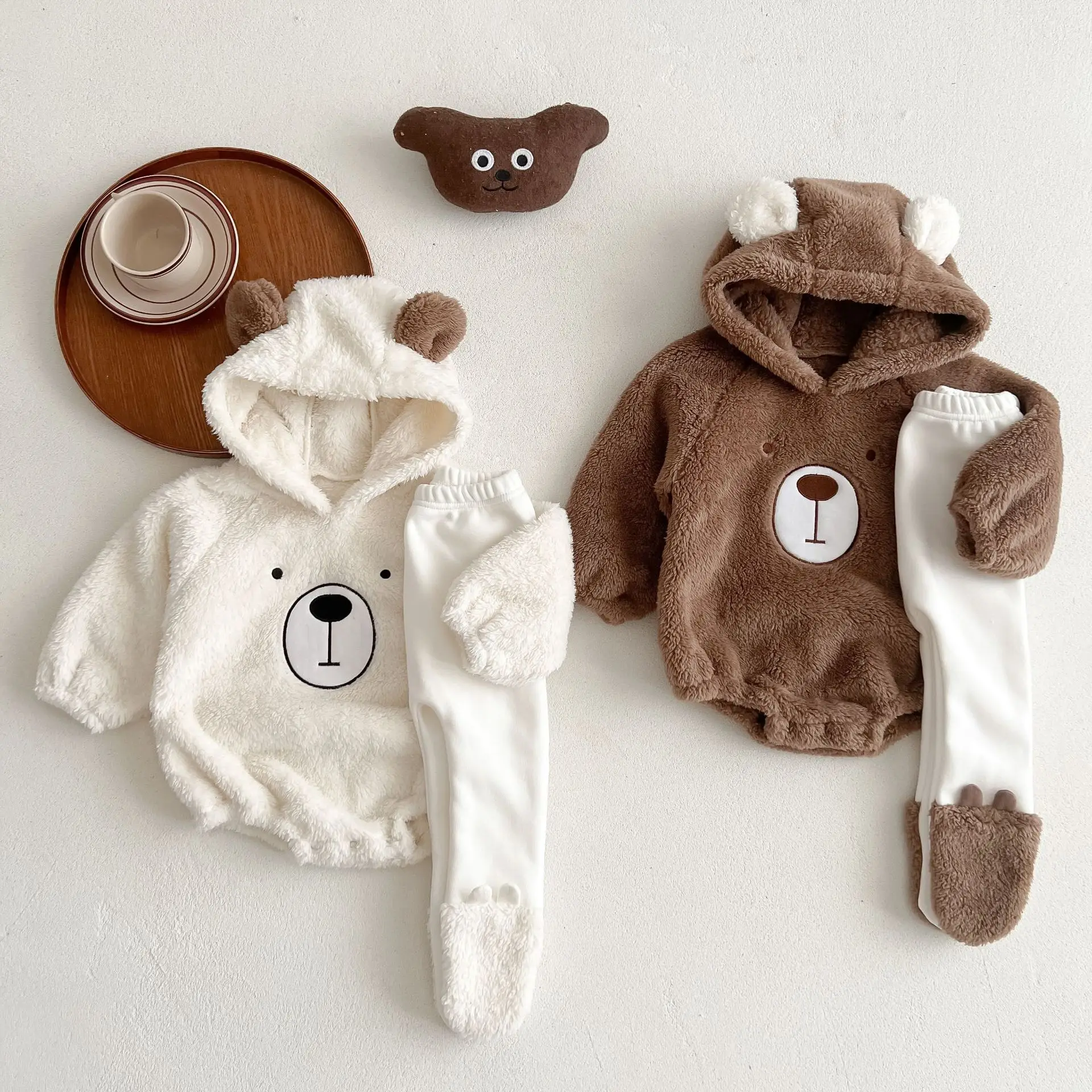 

Autumn Winter Baby Clothing Cartoon Bear Hooded Jumpsuit for Boys Girls Soft Fleece Newborn Romper Warm Plush Cute Onesie