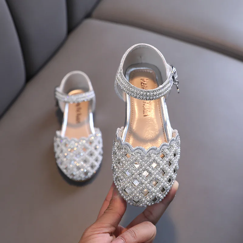 Kids Pearl Flats Sandals Girls Princess Rhinestone Party Leather Hollow Out Beach Shoes Size 21-36 kids shoes children sandals kids sandals beach shoes