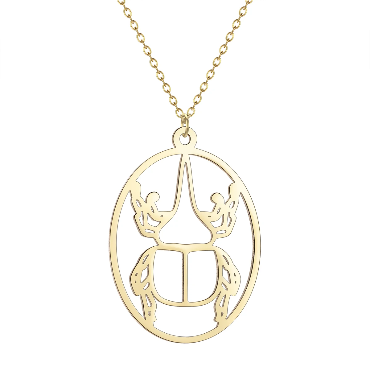 Chandler Stainless Steel Hercules Beetle Laser Cut Pendant Necklace Raw Brass Oval Insect Charms for Men and Women 6