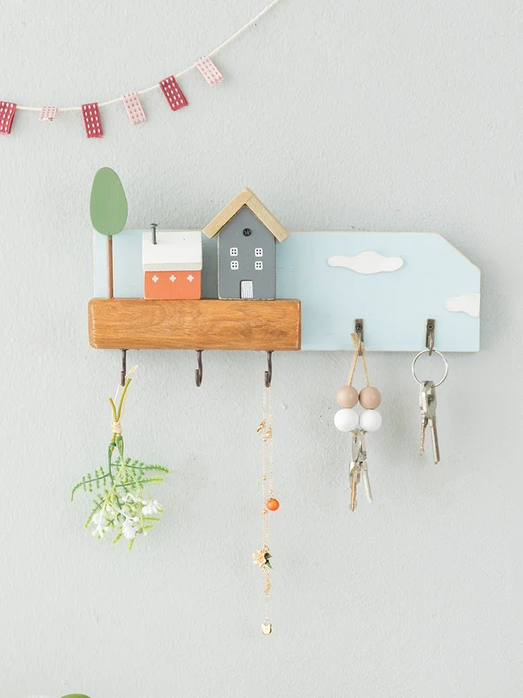 Cartoon Solid Wood Key Storage Holder Rack Indoor Porch Wall Hanging Hat Bag Coat Hanger Home Entrance Decor Decorative Hook 2