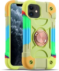 Luxury Heavy Duty Ring Holder Lanyard Phone Case - Armor Cover - iPhone 16 (Rainbow Green)