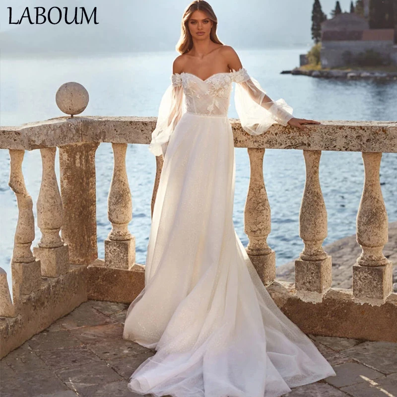 

LaBoum Shiny Wedding Dresses2023 Off Shoulder Lace Appliques Lantern Sleeves A-line Bridal Gowns Vestido de Noiva robe de mariée