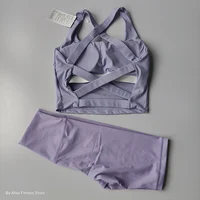 2PCS  Women Yoga Set Workout Sports Bra Set Sportswear Gym Clothing Fitness Long Sleeve Crop Top High Waist Shorts Sports Suits - Image 2