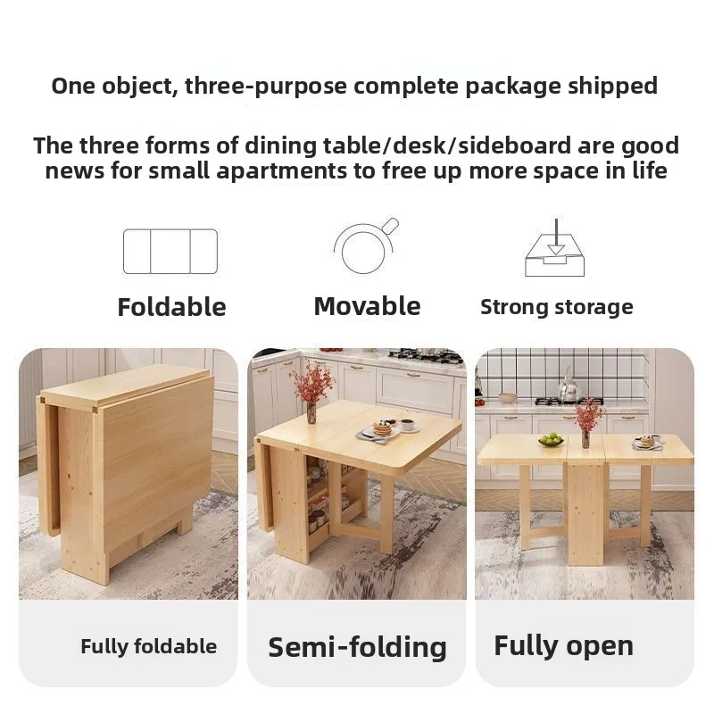Solid Wood Foldable Rectangle Dining Table Small Space Friendly Home Multi-Functional Movable Simple Design