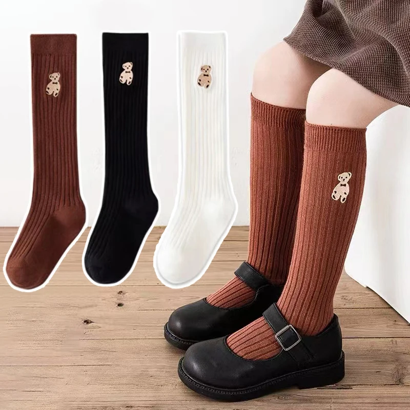 

Korean Cartoon Cute Bear Kids Socks White Knee High Long Sock for Toddler Girl Spring Autumn Soft Cotton Children Calf Stocking
