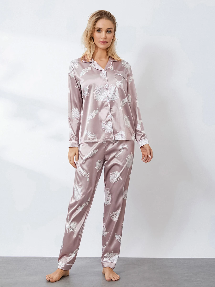 

Women Satin Pajama Set Long Sleeves Peacock Print Button Shirt and Elastic Pants 2 Piece Loungewear Soft Sleepwear