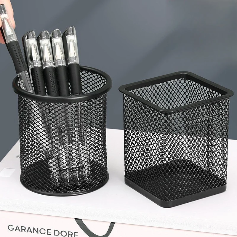 1pc Pen Holder Office Desktop Metal Mesh Square Round Pencil Holder Pen Storage Box Pot Makeup Brush Box Durable Pencil Case