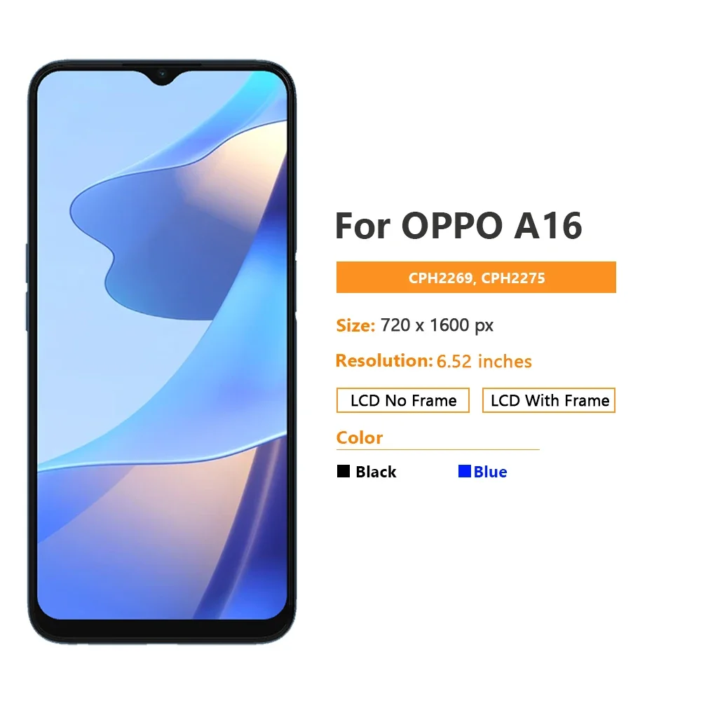 프레임이 있는 LCD 디스플레이 터치 스크린 디지타이저 어셈블리, OPPO A16 2021 CPH2269, 6.52 인치