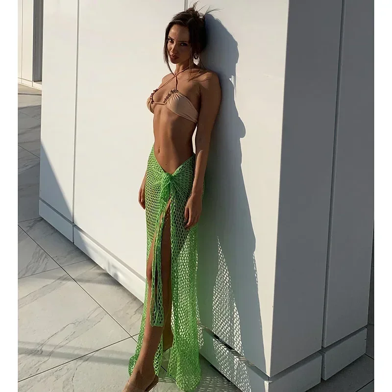 Beach Cover Up Dress Knit Long Skirts Mesh Hollow Out Wrap Midi Skirt Party Outfits fishnet cover up swimsuit cover up swimsuit coverup beach dress set