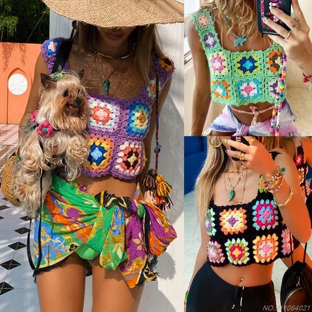 Women Summer Crochet Top Multicolor Floral Plaid Knit Vest Sexy Square Neck  Sleeveless Cropped Shirts Wholesales