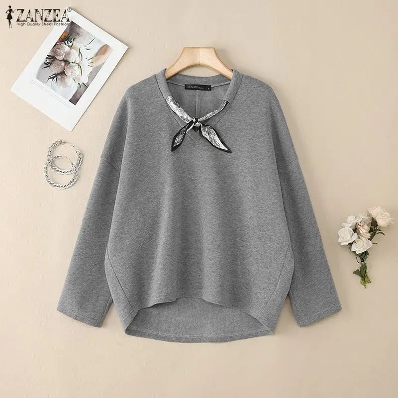 ZANZEA Women's Solid Color High-Low Sweatshirt with Scarf V-Neck Long Sleeve Knitted Pullover Tops Loose Casual Woman Clothing