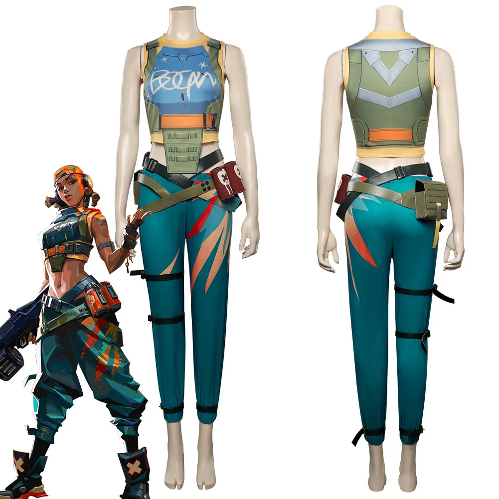 

Game Valorant Raze Cosplay Costume T-shirt Pants Hat Outfits Anime Girls Fantasia Women Halloween Carnival Disguise Suit