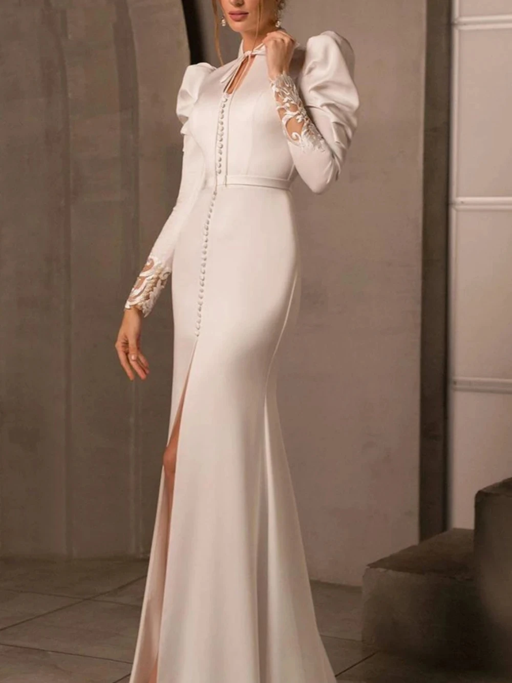 Pretty Wedding Dresses Elegant Bridal Gowns Lace Satin Robes For Formal Party Long Puff Sleeves Vestidos De Novia Customized 4