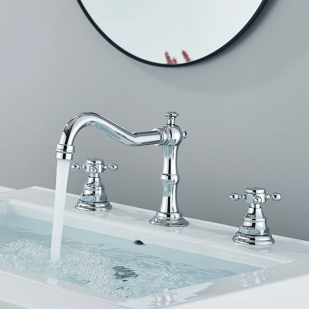 Uythner Black Basin Faucet Dual Handles Bathroom Tub Faucet Deck Mounted Hot and Cold Water Mixer Basin Tap Widespread 3 Holes 3