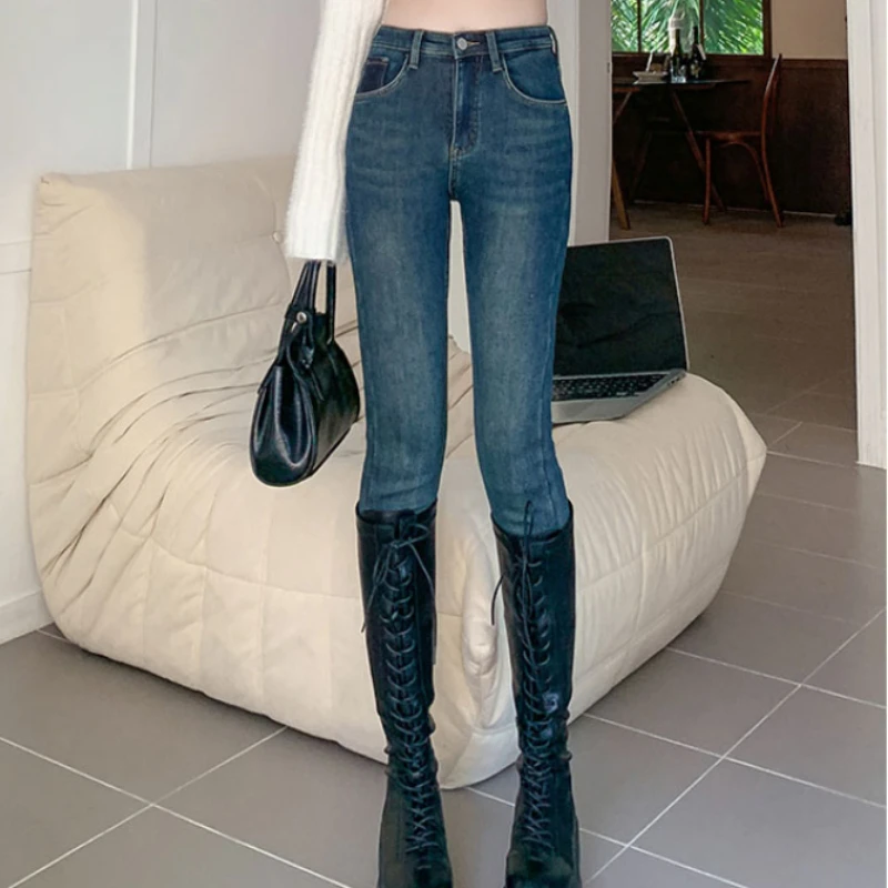 

Winter Thick Velvet Women High Waist Skinny Jeans Fleece Warm Slim Fit Stretch Ladies Casual Denim Pencil Pants Y2k Button Fly
