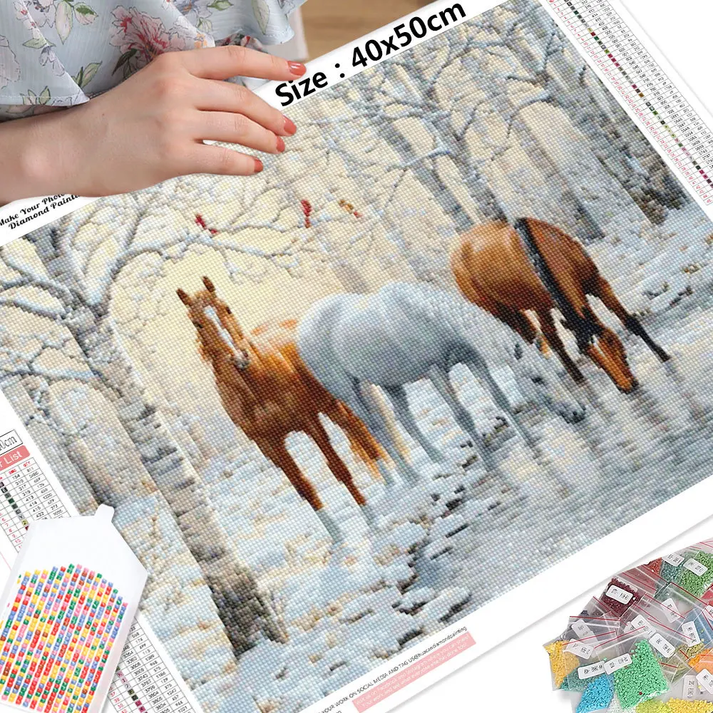 Winter Diamond Painting Horse Full Square Round Mosaic Animal Embroidery Complete Kit Picture Of Rhinestones Wall Decor