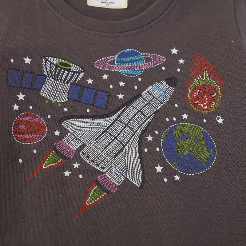 Luminous Brown Boys Tops Children's Clothing Universe Space Aircraft Kids Clothes 2025 Summer Baby Infant Short Sleeve T Shirts