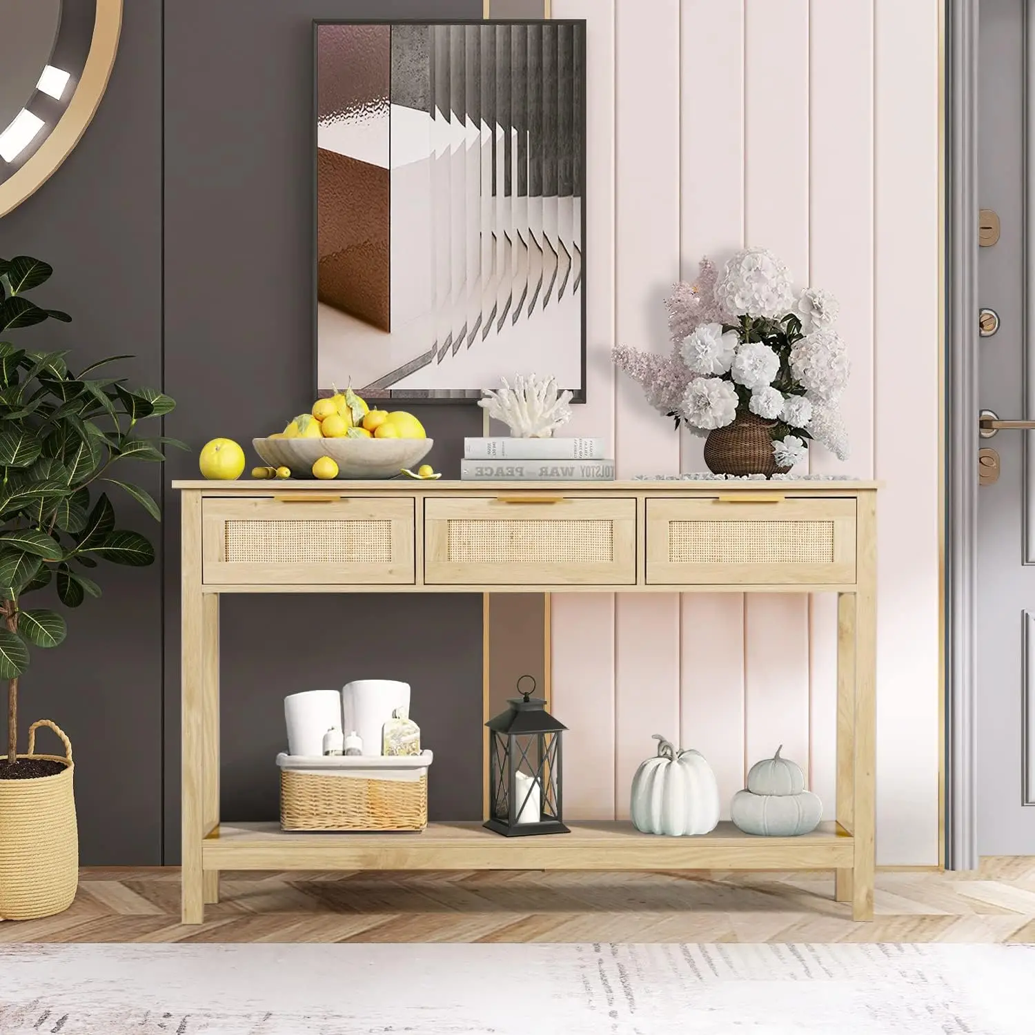 NEW Rattan Console Table Boho Entryway Table Narrow Long Sofa Hallway Foyer Table Behind Couch with 3 Drawers 2
